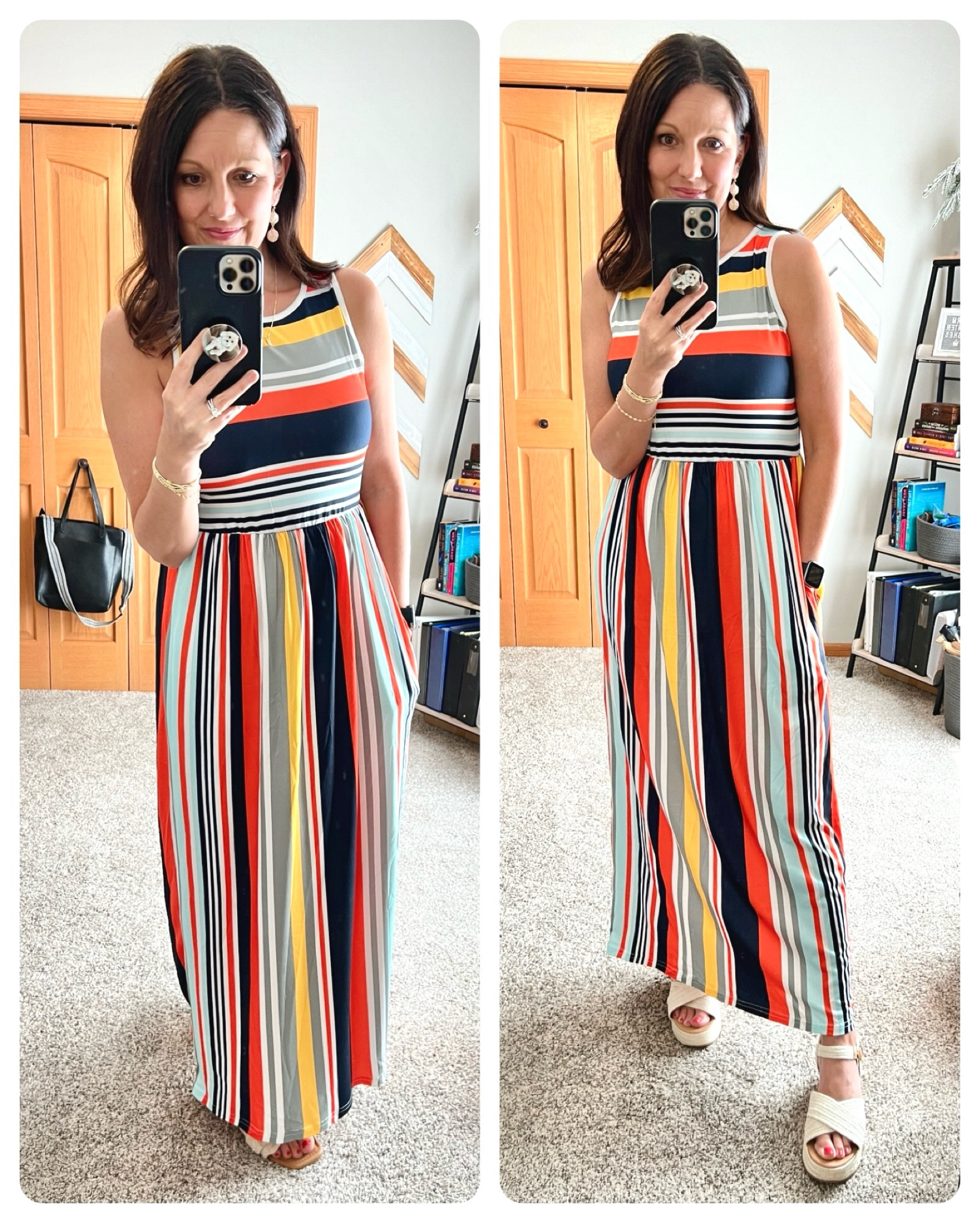 Stripe obsessed! This dress is comfortable, affordable and has the best color combo! Also has pockets - winning! Comes in several solid and pattern options! Fits TTS, I’m in size S. I’m 5’4 for reference. Wearing with flats on the left and wedges on the right. 

#LTKfindsunder50 #LTKover40