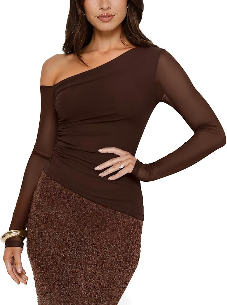 PINKMSTYLE Womens Mesh Asymmetrical Long Sleeve Off Shoulder Going Out Tops | Amazon (US)