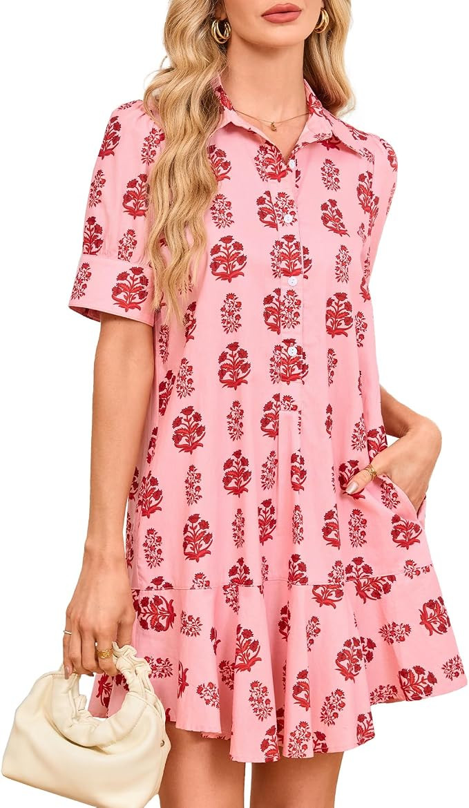 Women's Floral Mini Shirt Dress Summer Puff Short Sleeve Button Down Collared Ruffle Hem Swing Ca... | Amazon (US)