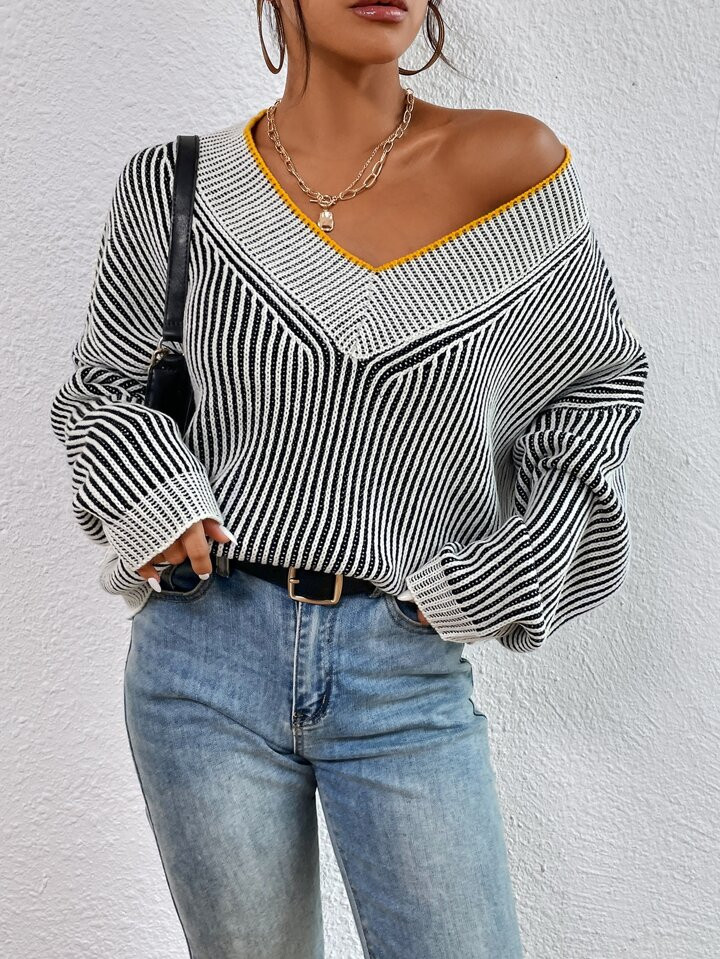 SHEIN Privé Vertical Stripe Pattern Drop Shoulder Sweater | SHEIN