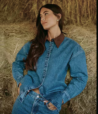 Gianni Bini x Sydney Silverman The Anya Denim Faux Suede Collar Long Sleeve Coordinating Top | Di... | Dillard's