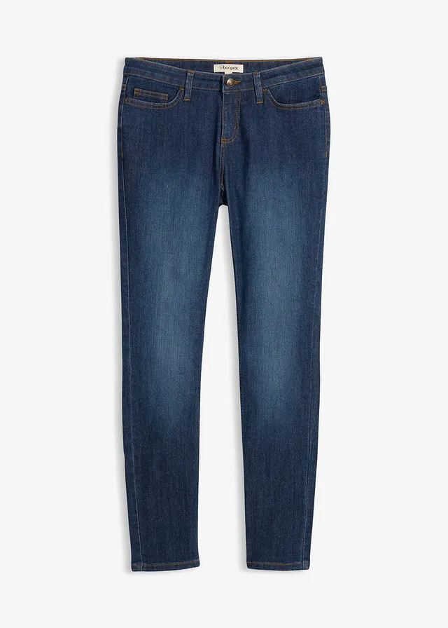 Jeansy skinny ze stretchem, mid waist ciemnoniebieski "used" | bonprix PL Influencer