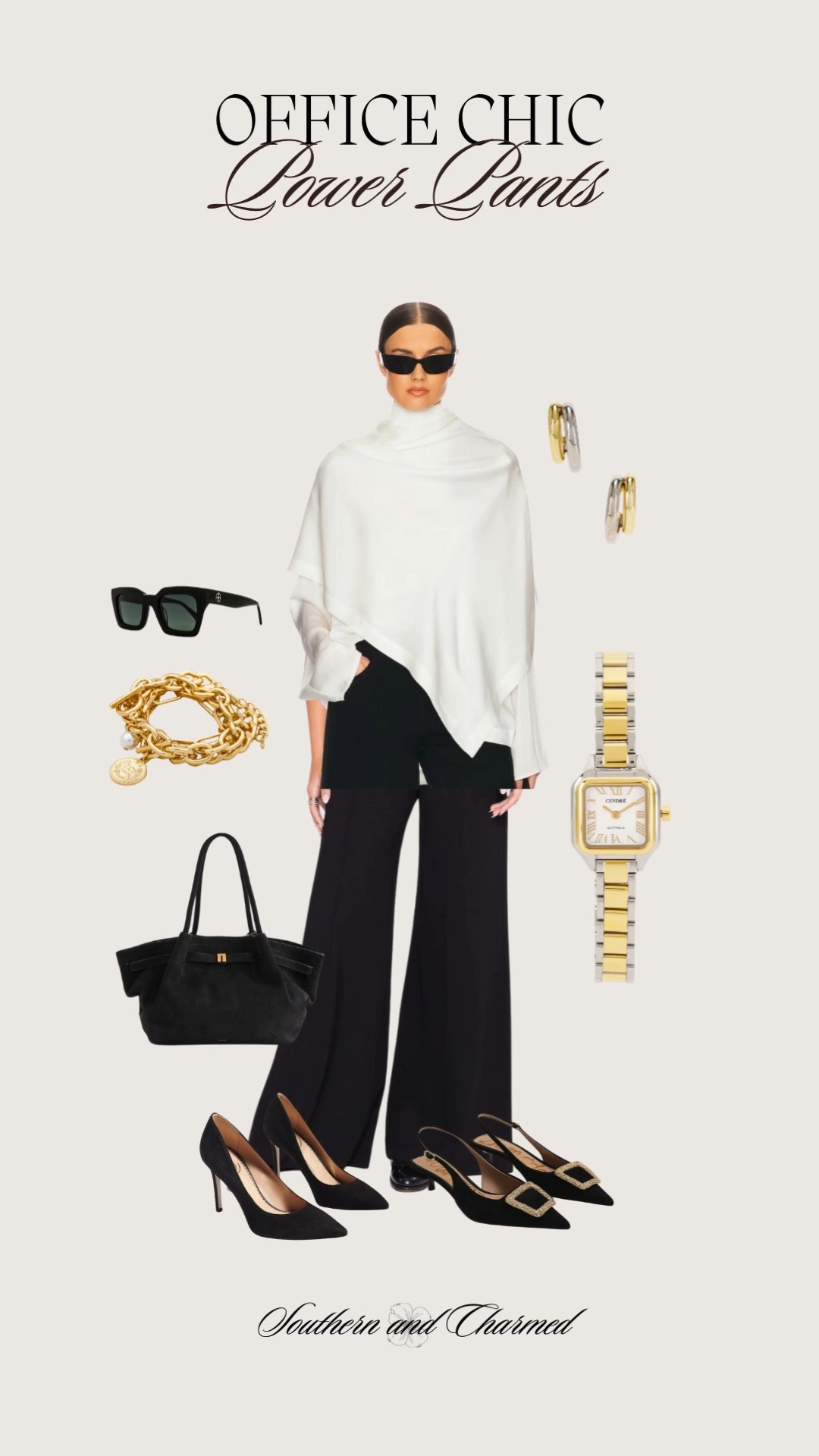 Perfect Chic Office Outfit with the most flattering high-waist, wide flare black pants that are as flattering as they are comfortable. 

 