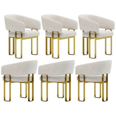 Dining Chairs Set Of 6, Off White Boucle Upholstered Kitchen & Dining Room Chairs With Armrest, U-Shaped Brushed Gold Metal Legs | Wayfair North America