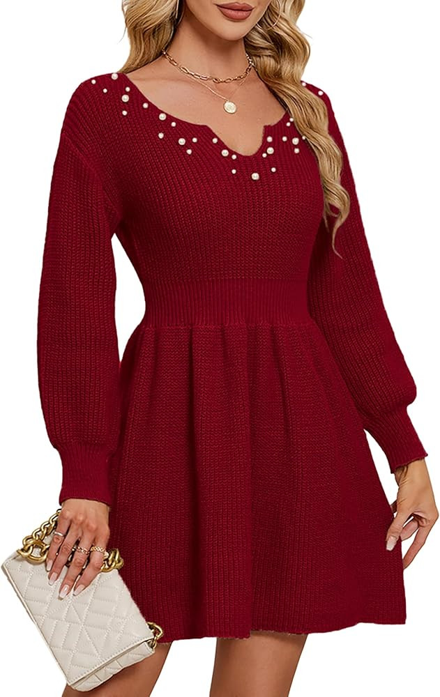 Womens Cute Sweet Heart Neck Pearl Sweater Dress Spring 2025 Outfits Pleated Knitted Mini Dresses | Amazon (US)