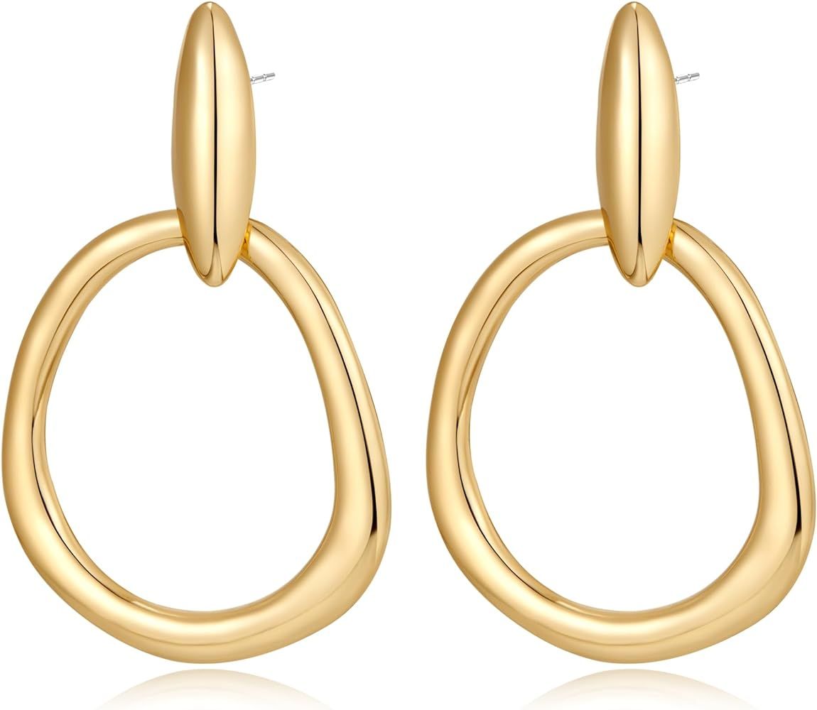 Gold Earrings for Women Drop Studs Earring Dangle Circle Trendy Geometric Large Circle Pin Chain ... | Amazon (US)