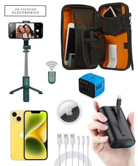 Travel outfit ideas - Electronics and Tech Gadgets for European vacation // portable power bank, Apple AirTag, iPhone 14 yellow, charging cables, universal travel
Power adapter, selfie tripod with remote, travel case organizer for tech 

#LTKFind #LTKtravel #LTKeurope
