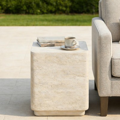ModernLuxe Square Travertine Side Table, Lightweight MGO Outdoor Patio End Table with Safe Rounded Edges, Beige | Target