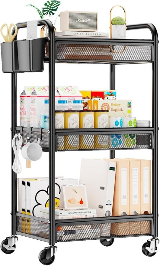 3 Tier Rolling Cart – Metal Utility Storage Carts with Wheels, Craft Cart Organizer with Hangin... | Amazon (US)