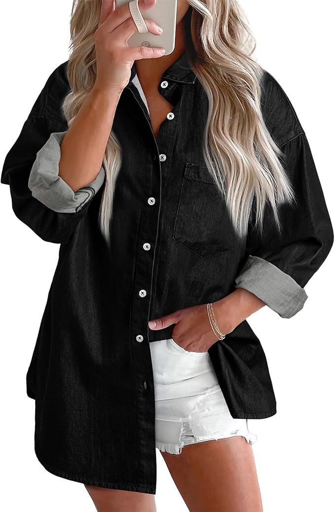 BTFBM Womens Button Down Denim Shirts Fall Lapel V Neck Lightweight Oversized Long Sleeve Thin Ca... | Amazon (US)