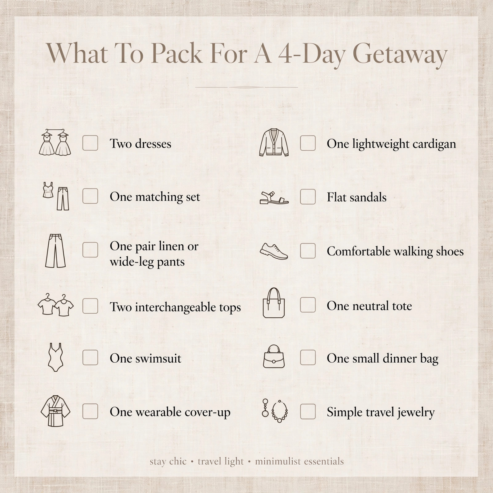 What to pack for a 4-day getaway — 12 pieces, endless outfits. Full shoppable breakdown on The Hollow Quill. 

 

 #LTKootd #LTKActive #LTKOver40