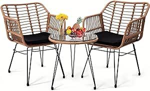 3 Pieces Wicker Patio Bistro Furniture Set, Includes 2 Chairs and Glass Top Table, Ideal for Porc... | Amazon (US)