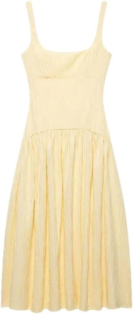 Open Back Textured Midi Dress Square Neck Straps Sleeveless Casual Summer Skirt for Women Elegant... | Amazon (US)