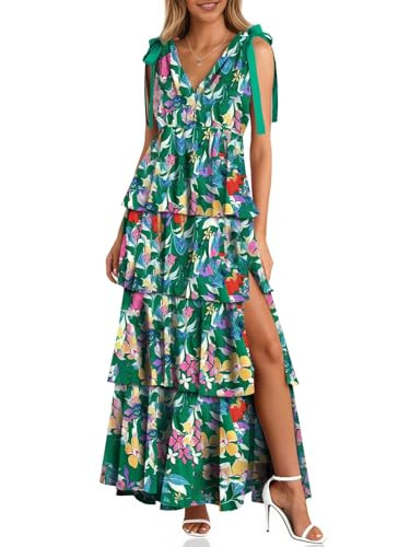 Wenrine Womens Summer Floral Maxi Dress Tie Strap Sleeveless V Neck High Slit Boho Ruffle Tiered Beach Dresses Green | Amazon (US)