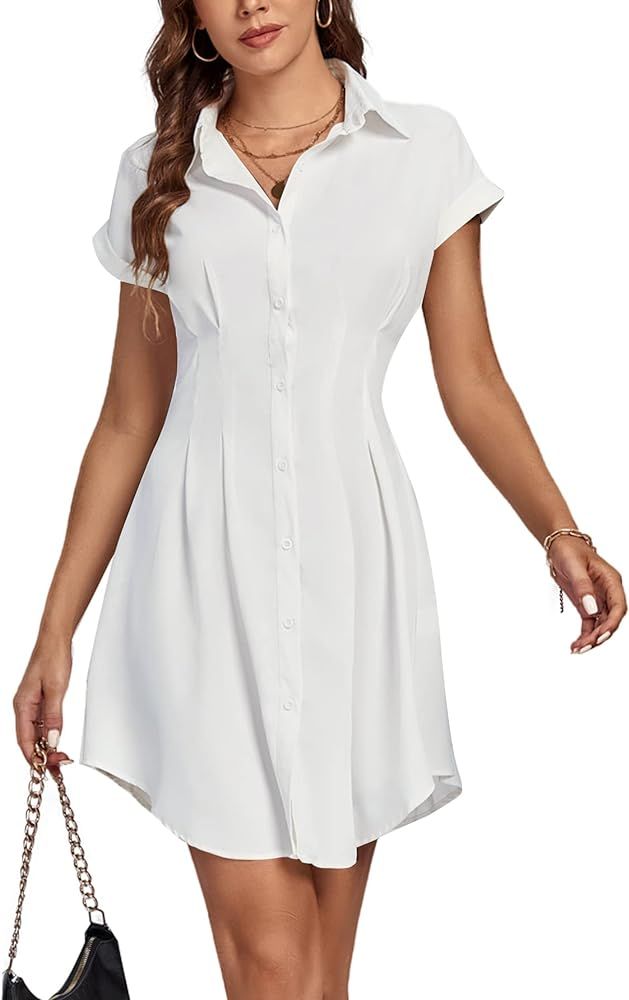 LYANER Women's Pleated Waist Collar Button Down Short Sleeve Mini Short Shirt Dress | Amazon (US)