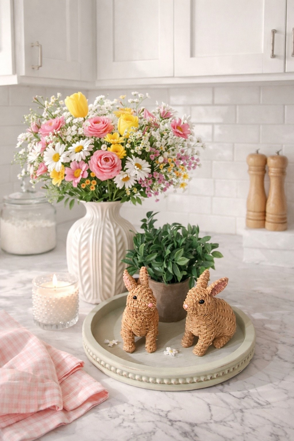 Soft spring touches in the kitchen 🤍
A simple tray with woven bunnies, fresh flowers, and cozy candlelight makes everyday hosting feel special.

Little seasonal moments like this are part of my Soft Hosting Collection — calm, welcoming spaces at home.

I linked a few similar pieces to recreate the look.

— Michelle Schwitters | AllTheHolidays_Mama

#LTKHome #LTKOver40 #LTKSeasonal