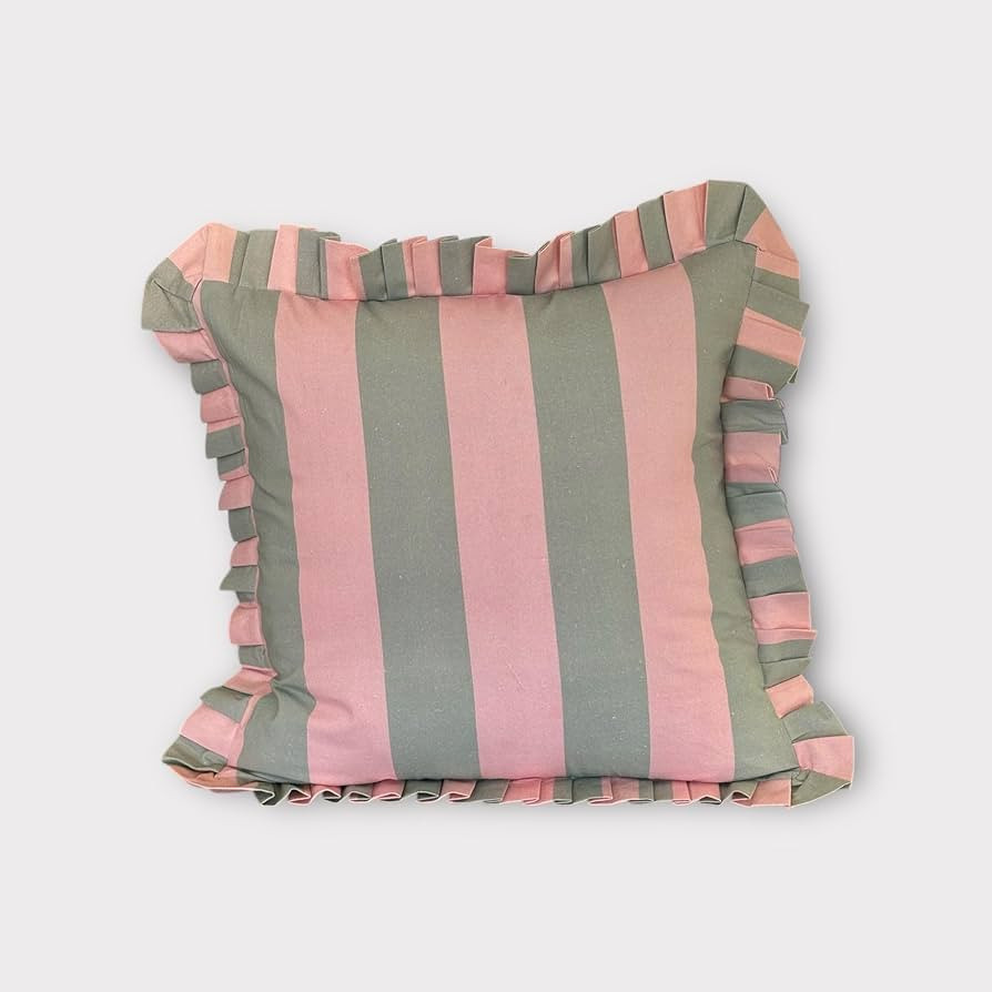 Bagh of Blocks Decorative Ruffled Cushion Cover, Pink and Green Striped Cotton, Handmade:-Ruffle ... | Amazon (US)