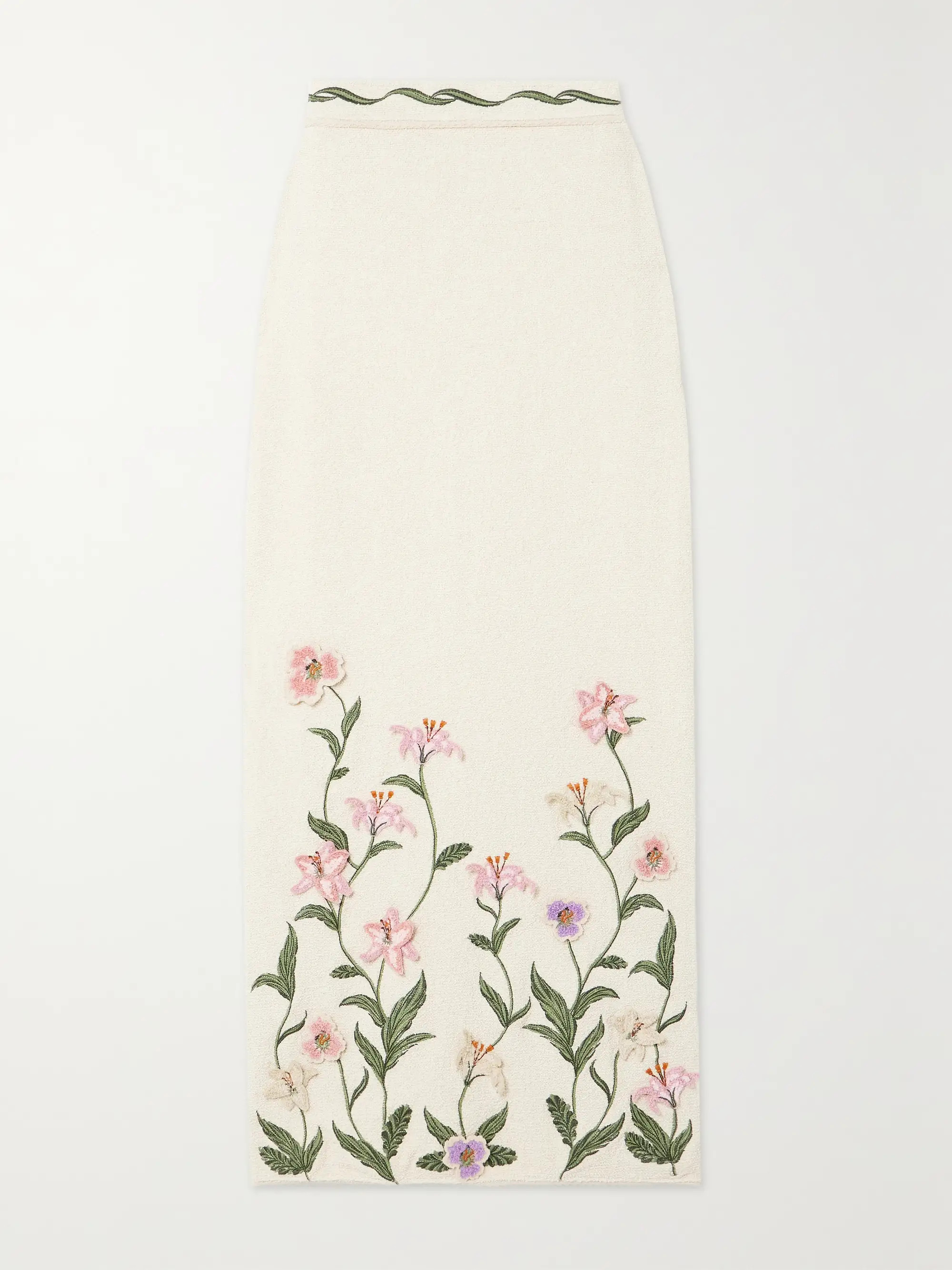 + NET SUSTAIN Chlorella Flora appliquéd embroidered cotton-blend bouclé midi skirt | NET-A-PORTER (US)
