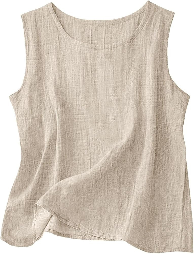 Cotton Linen Tank Tops for Womens Comfy Lounge Wear Summer Sleeveless Crewneck Shirt Casual Blous... | Amazon (US)