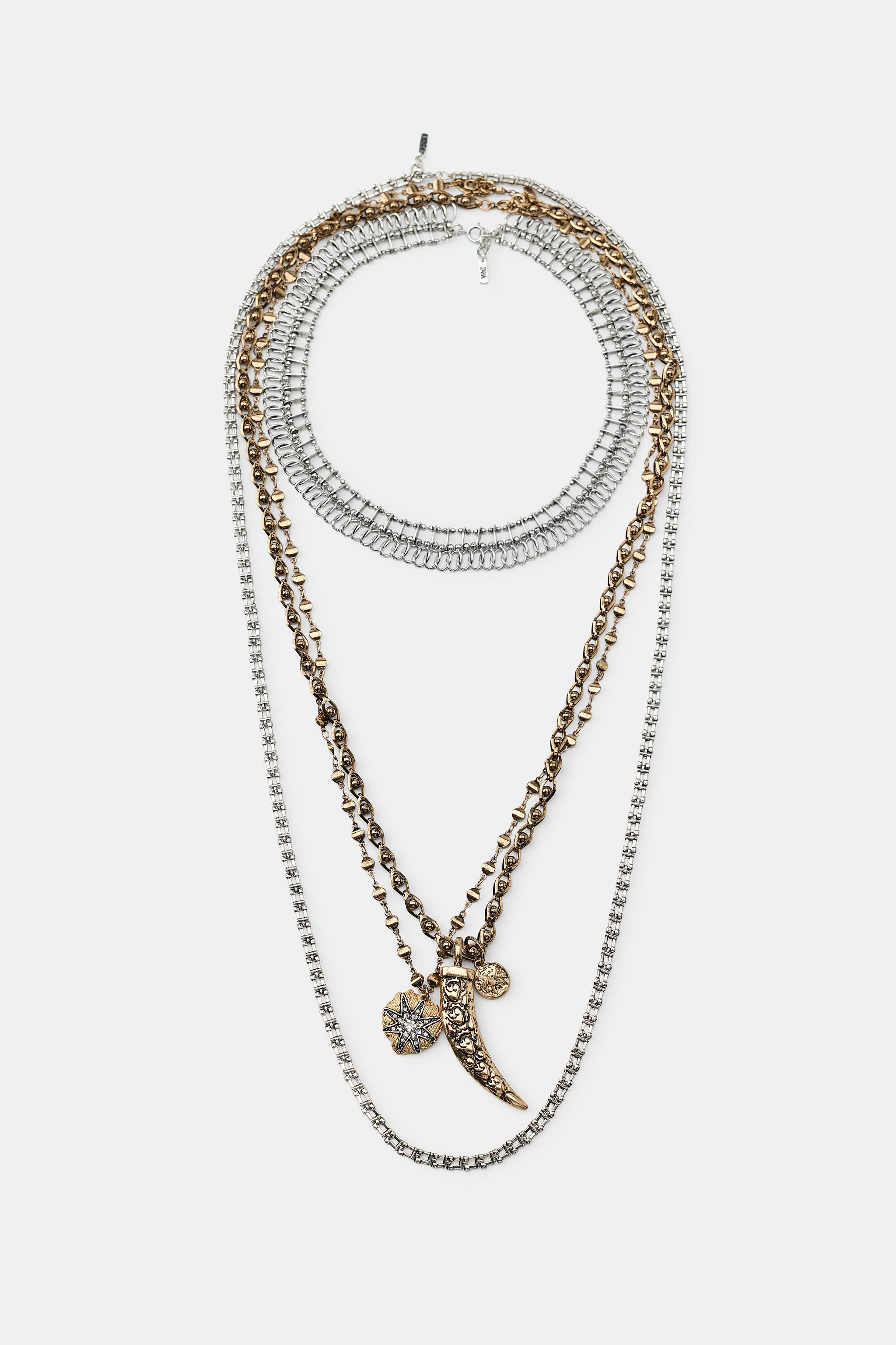 Set of four necklaces in different lengths: - Necklace with multiple metallic pieces in various s... | Zara US
