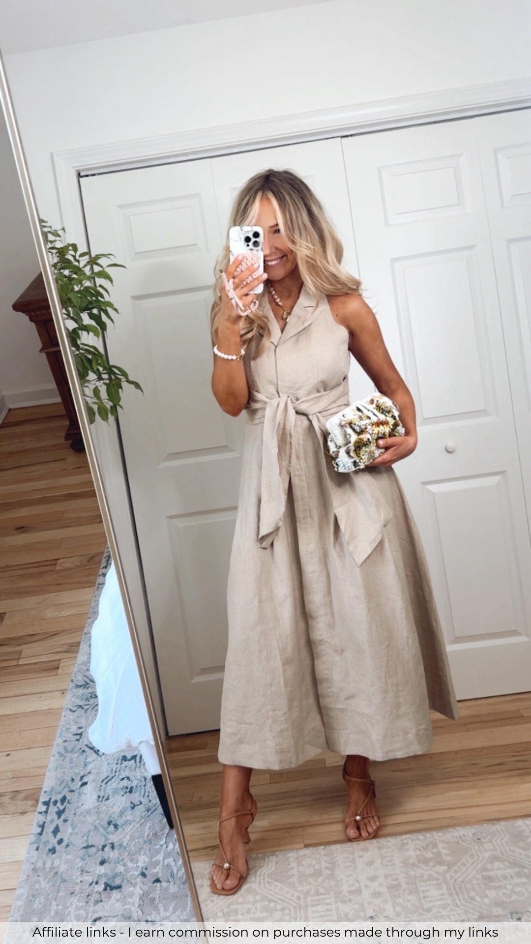 Affiliate links - I earn commission on purchases made through my links | classy spring dress 100% linen shirt dress belted halter neck style with Zara beaded clutch bag 