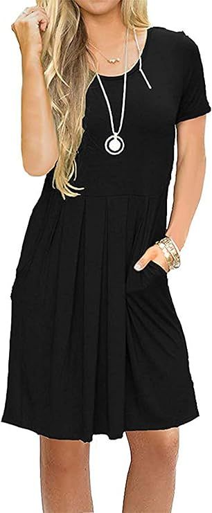 AUSELILY Women's Short Sleeve Pleated Loose Swing Casual Dress with Pockets Knee Length | Amazon (US)