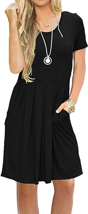 AUSELILY Women's Short Sleeve Pleated Loose Swing Casual Dress with Pockets Knee Length | Amazon (US)