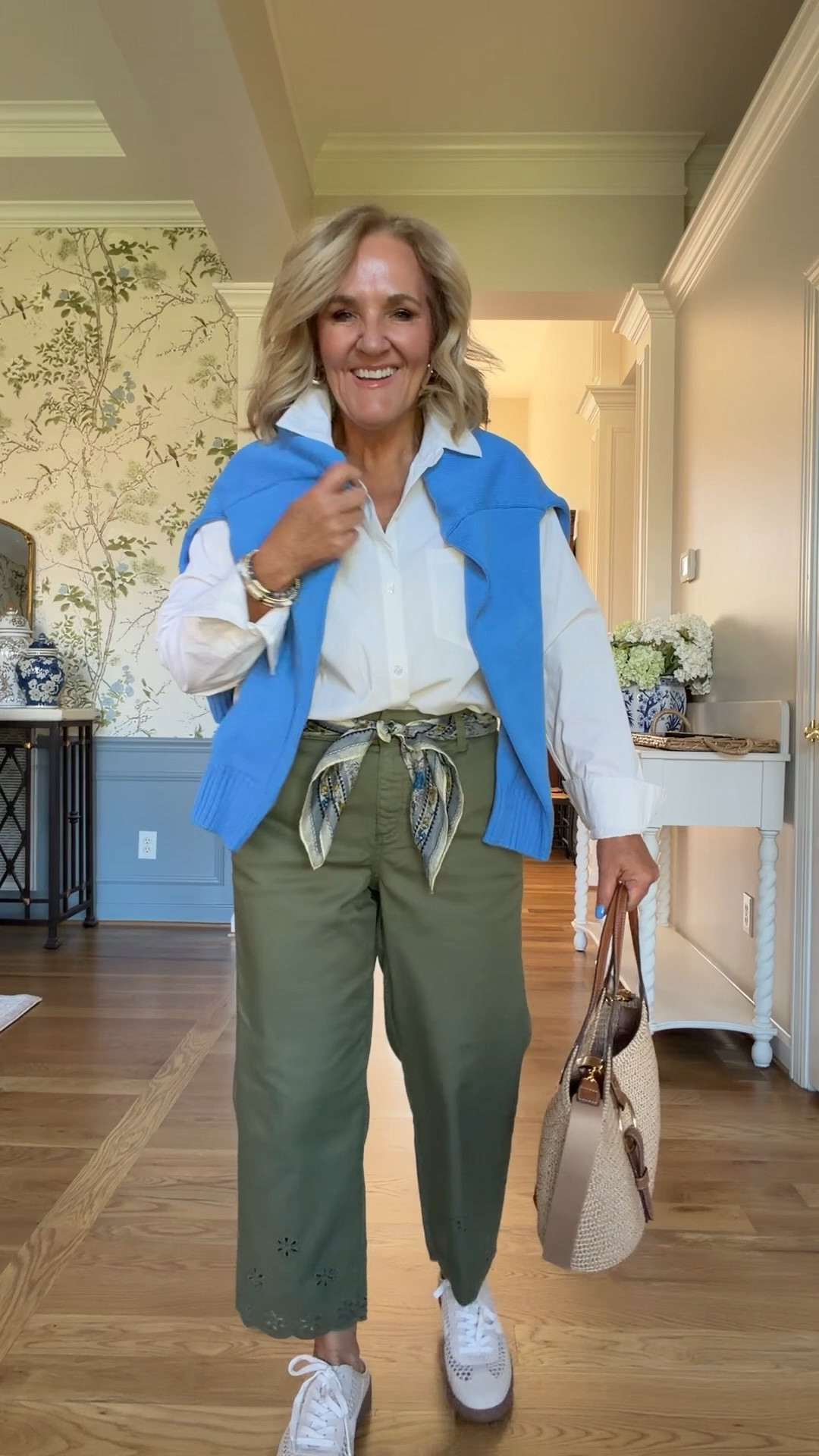 Blouse size small
Sweater I sized up to a large 
Pants size 8 petite 
20% off code NANETTE20 on my bracelets 

#LTKSaleAlert #LTKTravel #LTKOver40