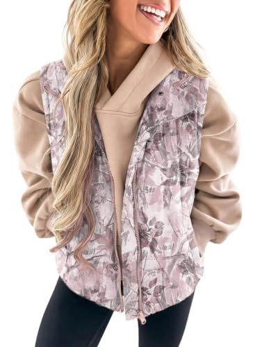 EVALESS Women Puffer Vest Camo Quilted Sleeveless Jackets, Pink, X-Large | Amazon (US)