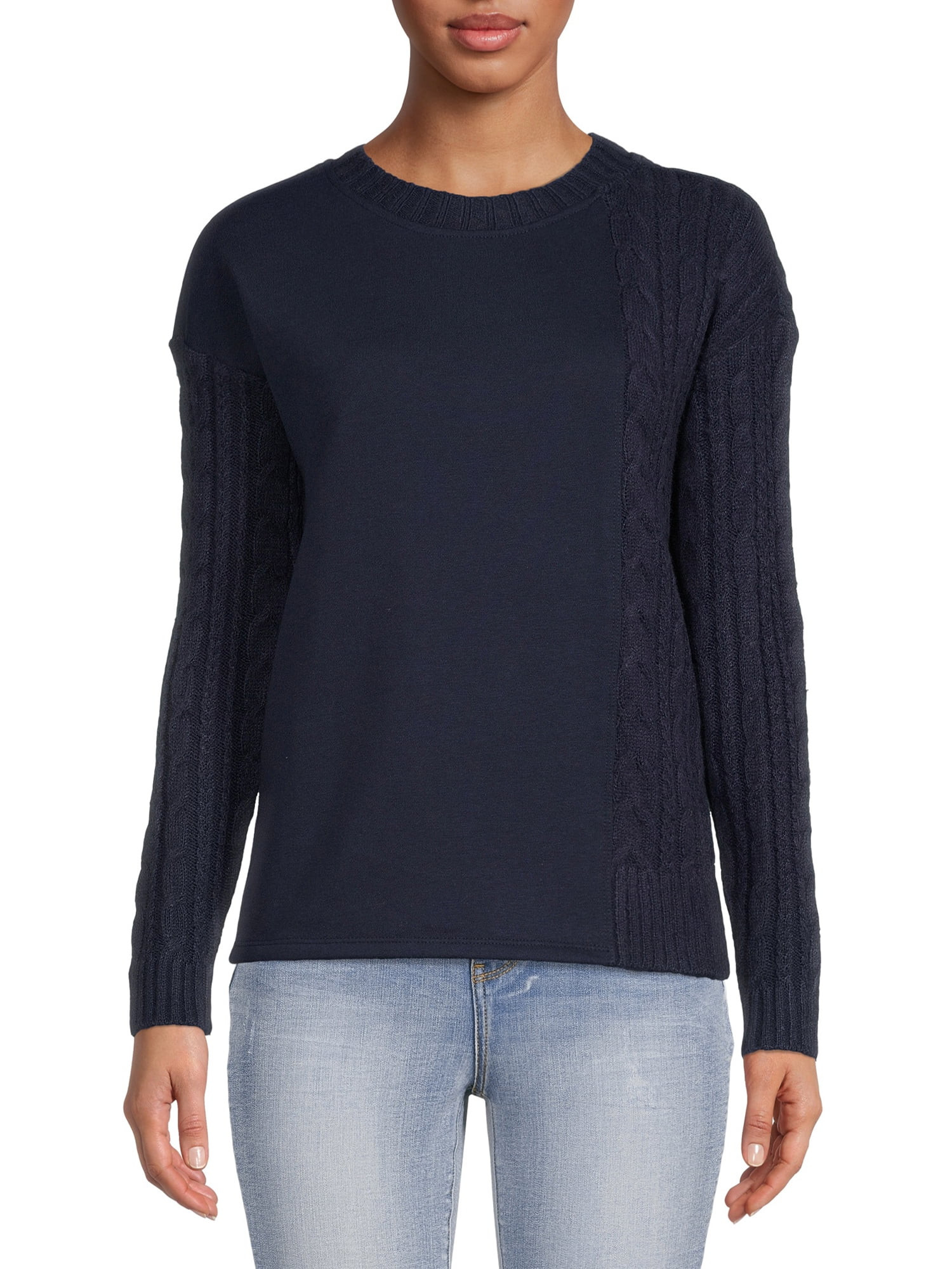 Time and Tru Women's Mixed Media Crewneck Top - Walmart.com | Walmart (US)