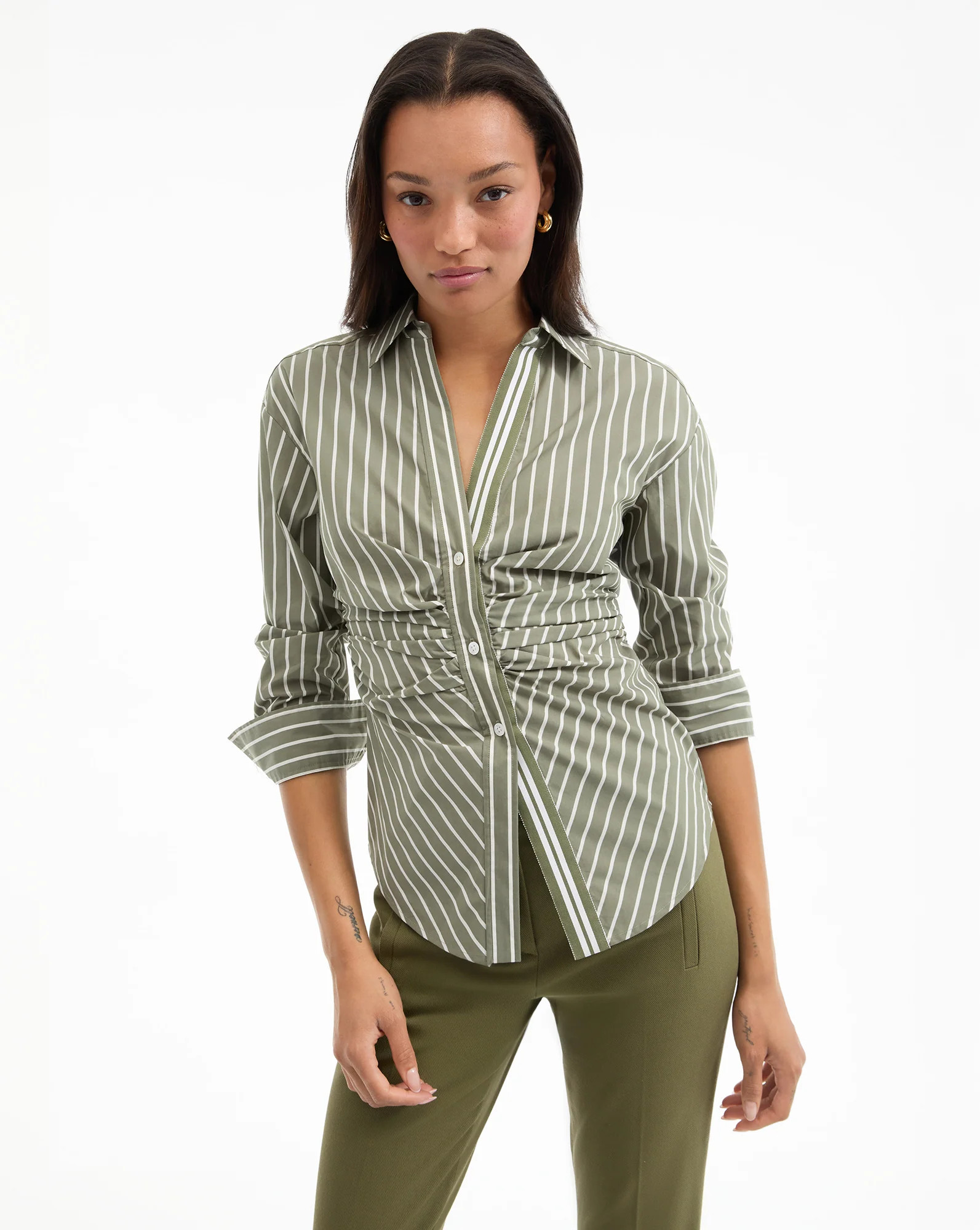 Veronica Beard Devra Striped Button-Down Shirt Stone Army White | Veronica Beard