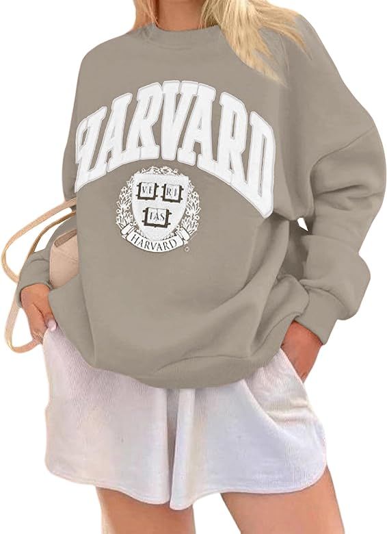 AIHUKOCY Women Harvard Letter Graphic Print Oversized Sweatshirt Crewneck Long Sleeve Drop Should... | Amazon (US)