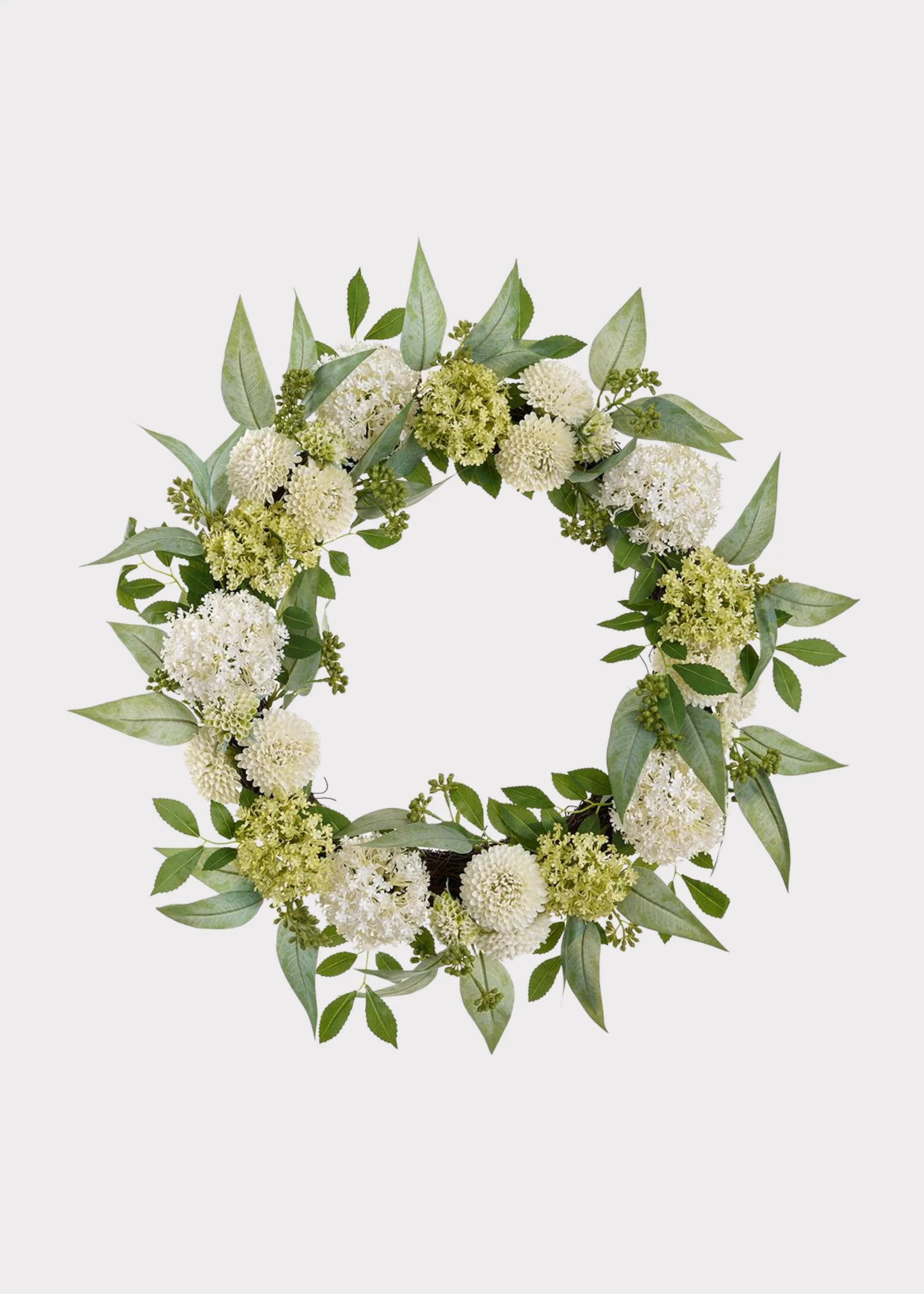 Cream Green Fake Snowball and Mum Flower Wreath with Sedum - 24" | Afloral