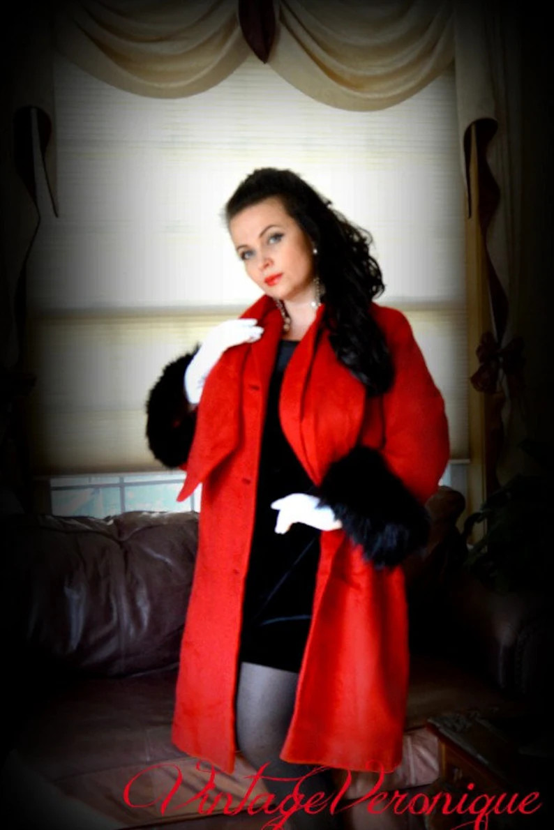 ICONIC Vintage Lilli Ann Paris Classic Lipstick Red Wool Mohair Coat with Real Black Fox Fur Cuff... | Etsy (US)