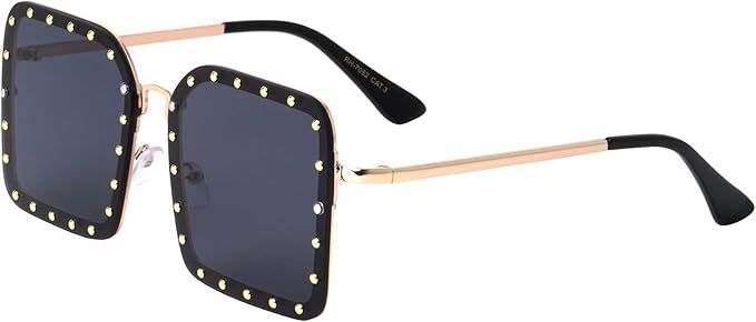 Queens Riveted Large Rimless Square Studded Sunglasses Men Women RH-7082 | Amazon (US)