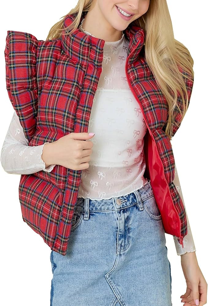 Kedera Women's Ruffle Sleeve Puffy Puffer Vests Winter Button Down Padded Gilet with Pocket | Amazon (US)