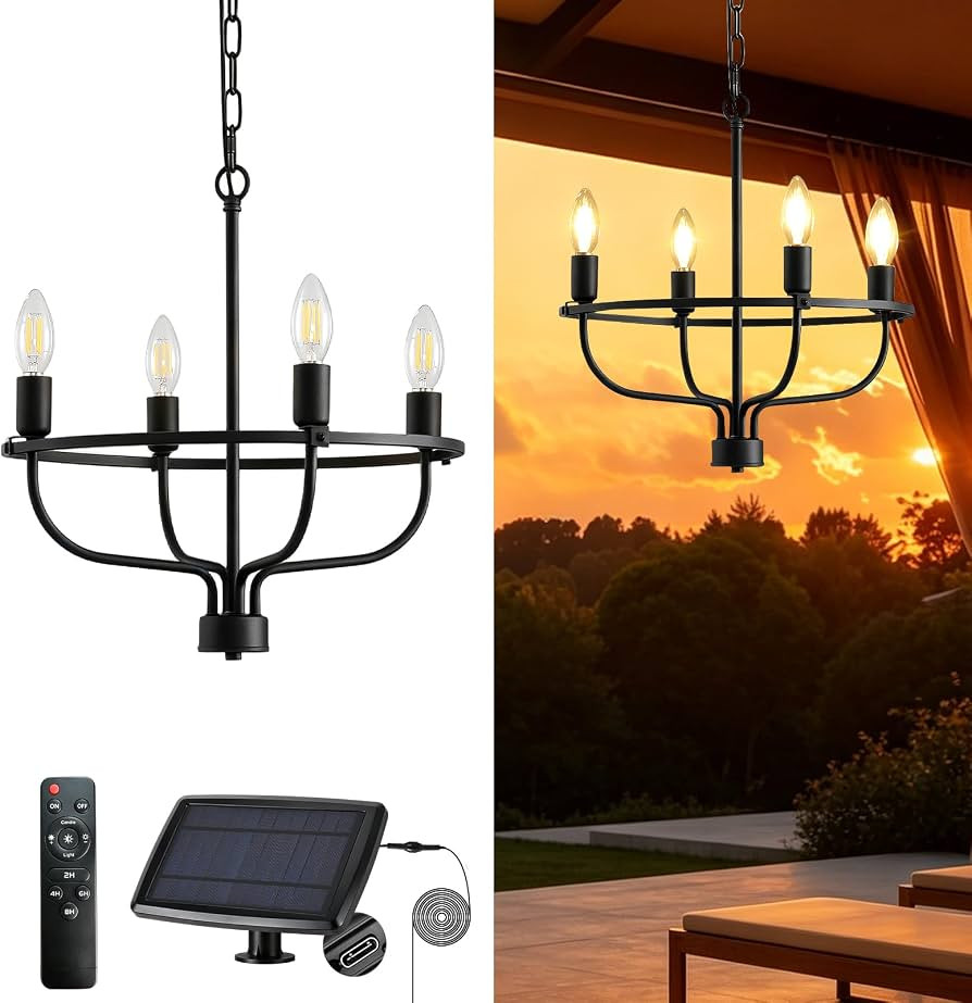 Solar Chandelier Outdoor, 4-Light 15.7" Hanging Pendant Light Fixture, Waterproof Solar Powered D... | Amazon (US)
