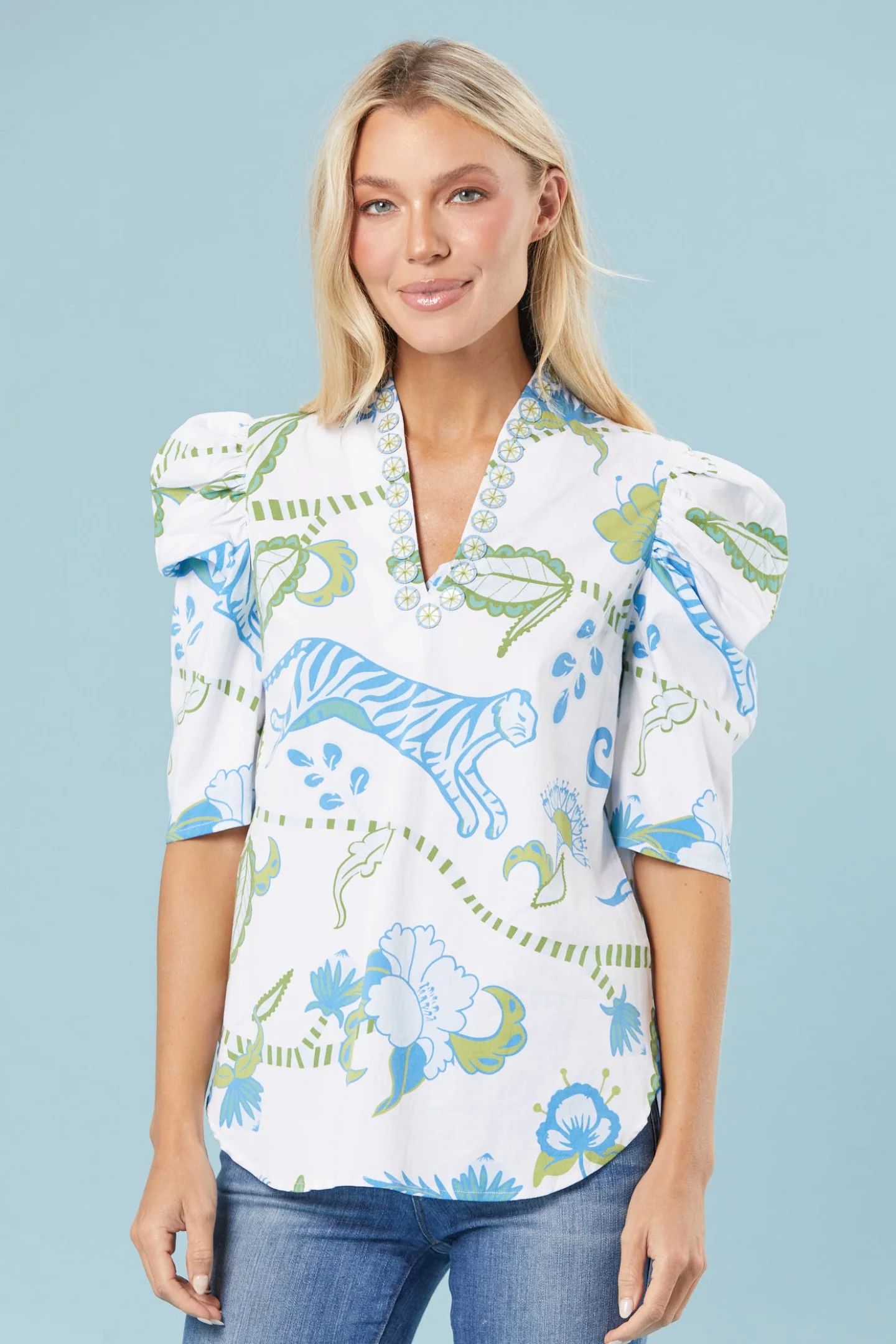 Natalie Blouse in White + Blue Jungle | Sheridan French