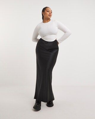 Black Stretch Satin Maxi Skirt | Simply Be (UK)