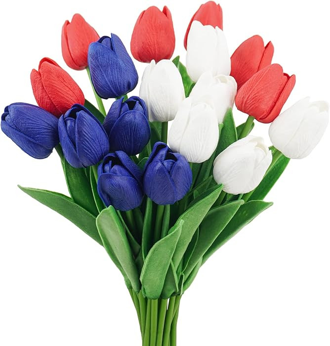 18 Pcs Real Touch Tulips Artificial Flowers, Patriotic Flower for 4th of of July Decoration Cemet... | Amazon (US)