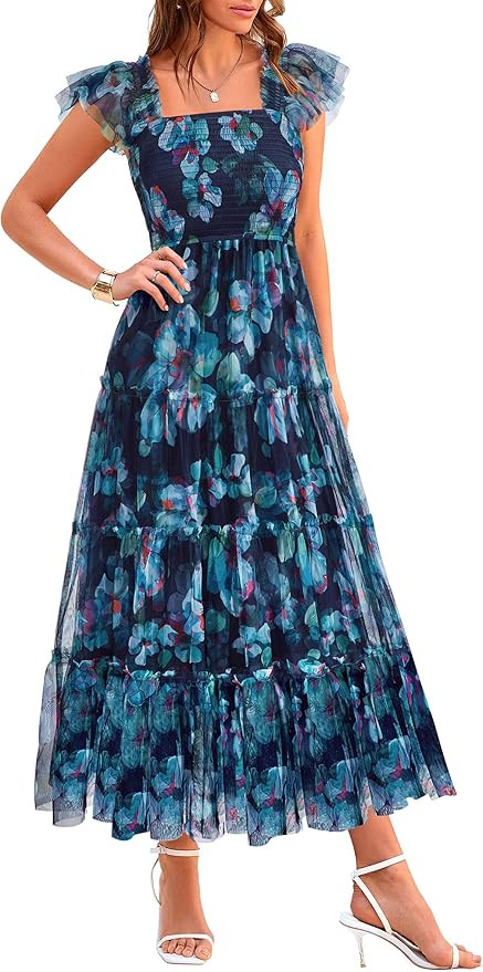 PRETTYGARDEN Women's Summer Tulle Midi Dress Sleeveless Smocked Ruffle Flowy Mesh Dresses Party W... | Amazon (US)