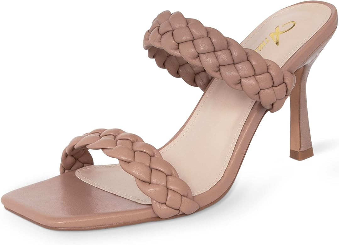 Athlefit Women's Braided Heels Square Toe Mules Slip On Braided Sandals Stiletto High Heels | Amazon (US)