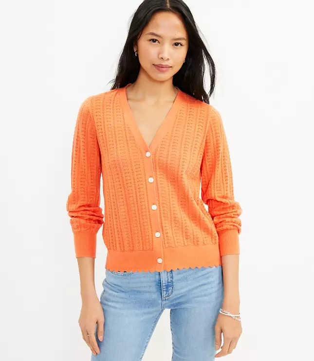 Scalloped Pointelle V-Neck Cardigan | LOFT