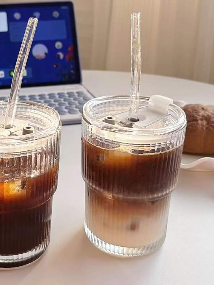 1pc Striped Glass Tumbler With Lid & Straw, Summer Iced Americano & Latte Drinking Cup | SHEIN