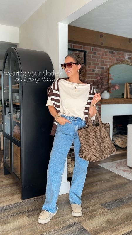 This trend 🤎🤎 wearing your  clothes vs styling them! // I fell in love with this target striped sweater! The color is perfection 😍 paired with my Abercrombie curve love jeans + Tazz Ugg slippers. Go-to mom look!

Mom outfit, curve love, Naghedi tote, Naghedi NYC, shoe crush, the it shoe, fall trends 

#LTKshoecrush #LTKitbag #LTKSeasonal