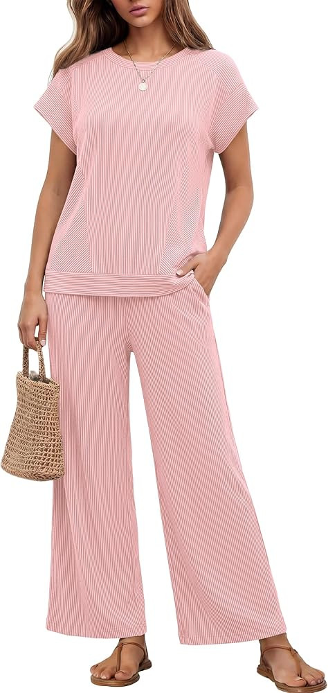 Ekouaer Two Piece Sets for Women 2026 Travel Outfits Short Sleeve Top Wide Leg Pants Rib Tracksui... | Amazon (US)