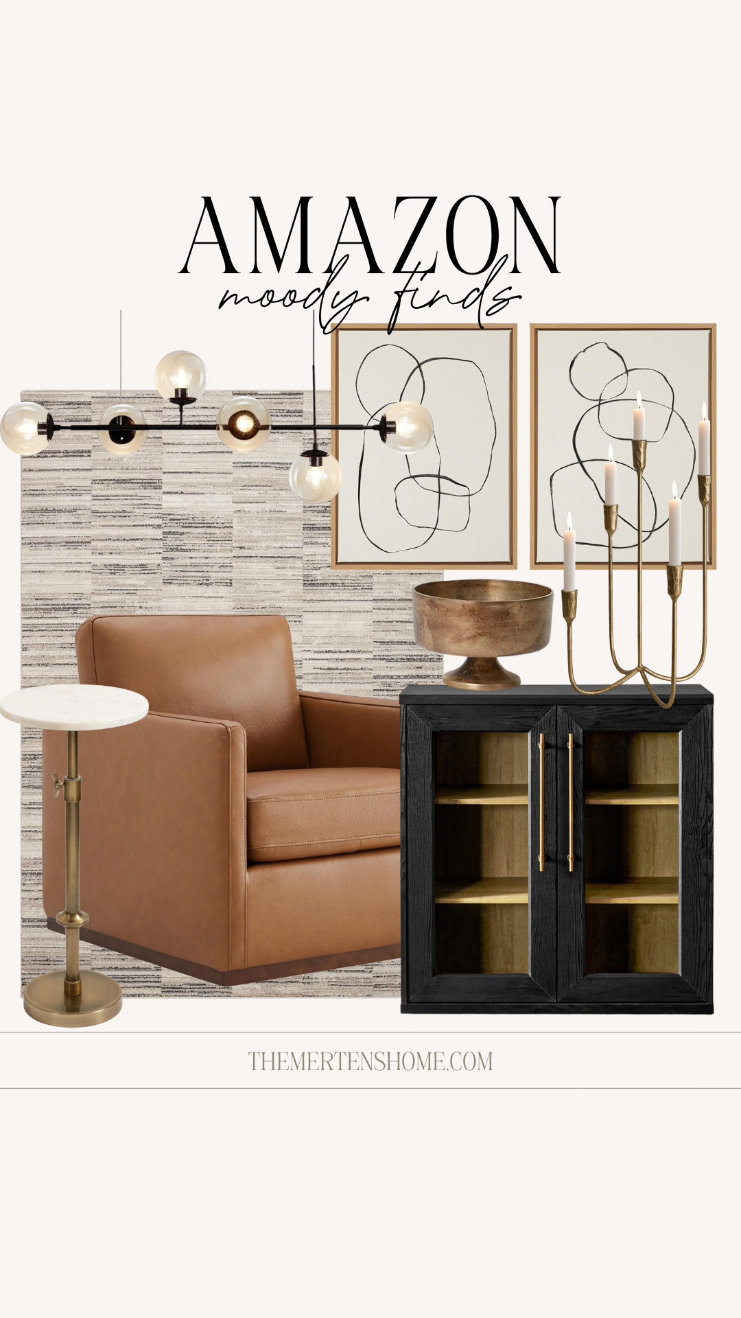 Moody Amazon finds you didn’t know you needed 🤍 Think rich tones, cozy textures, and pieces that make your home feel so warm and elevated. Leather chair, dark cabinet, brass side table, neutral art, cozy lighting, and table decor to pull your room together. 

 #LTKHome
