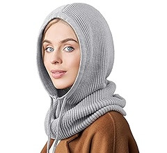 Hooded Scarf Hat Knit Balaclava Women Beanie Skull Cap with Drawstring Warm Winter Hats for Women... | Amazon (US)