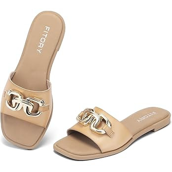 FITORY Women's Flat Sandals Fashion Slides With Soft Leather Slippers for Summer Size 6-11 | Amazon (US)