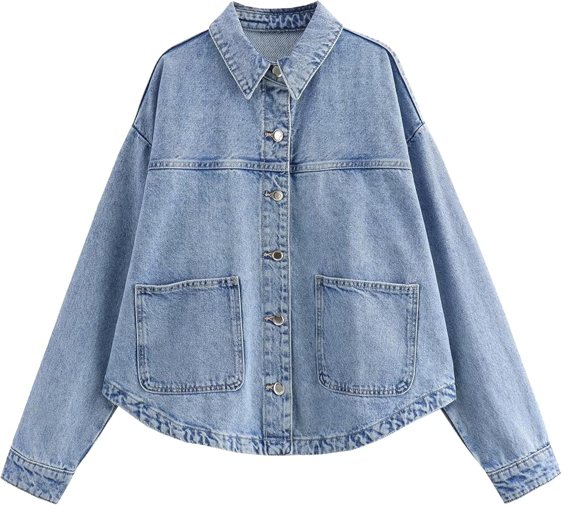 Hixiaohe Jean Jackets for Women Trendy Button Up Denim Shirt Jacket Oversized Long Sleeve Coat Fa... | Amazon (US)